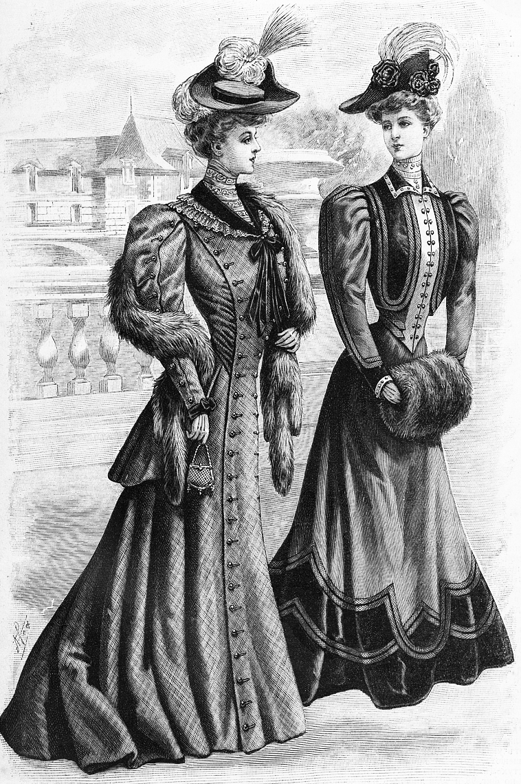 Платье с длинным передним полотнищем и баской (слева); Платье из сукна и бархата со светлым жилетом (справа)