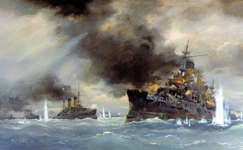 Броненосец «Александр III», погибая, закрывает собой броненосцы «Бородино» и «Орел». Картина из военно-исторического музея Санкт-Петербурга